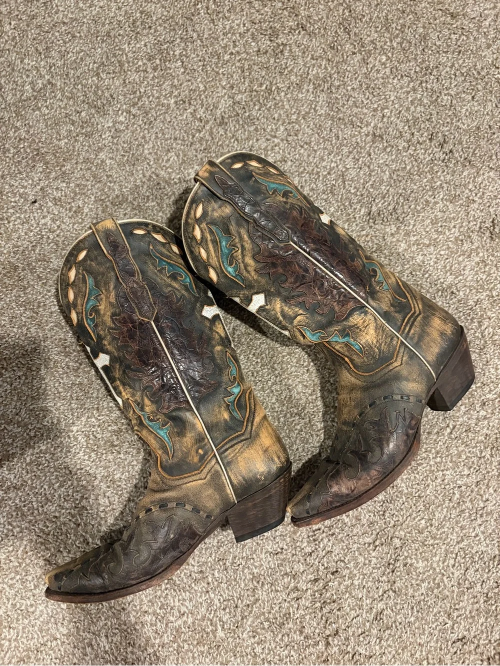 Dan Post Brown Western Boots with Teal and Cream Accents